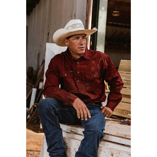 Ringers Western King River Mens Half Button Work Shirt Burgundy - 171110002 | Blue Heeler Boots