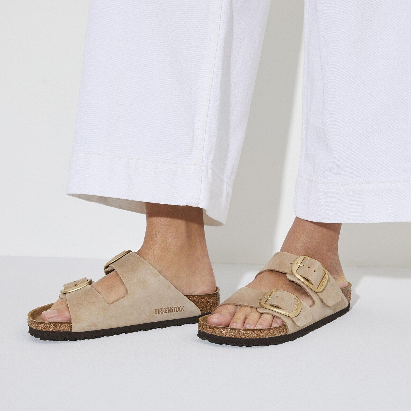 Birkenstock Arizona Big Buckle Sandcastle Nubuck Leather - lifestyle closeup on foot