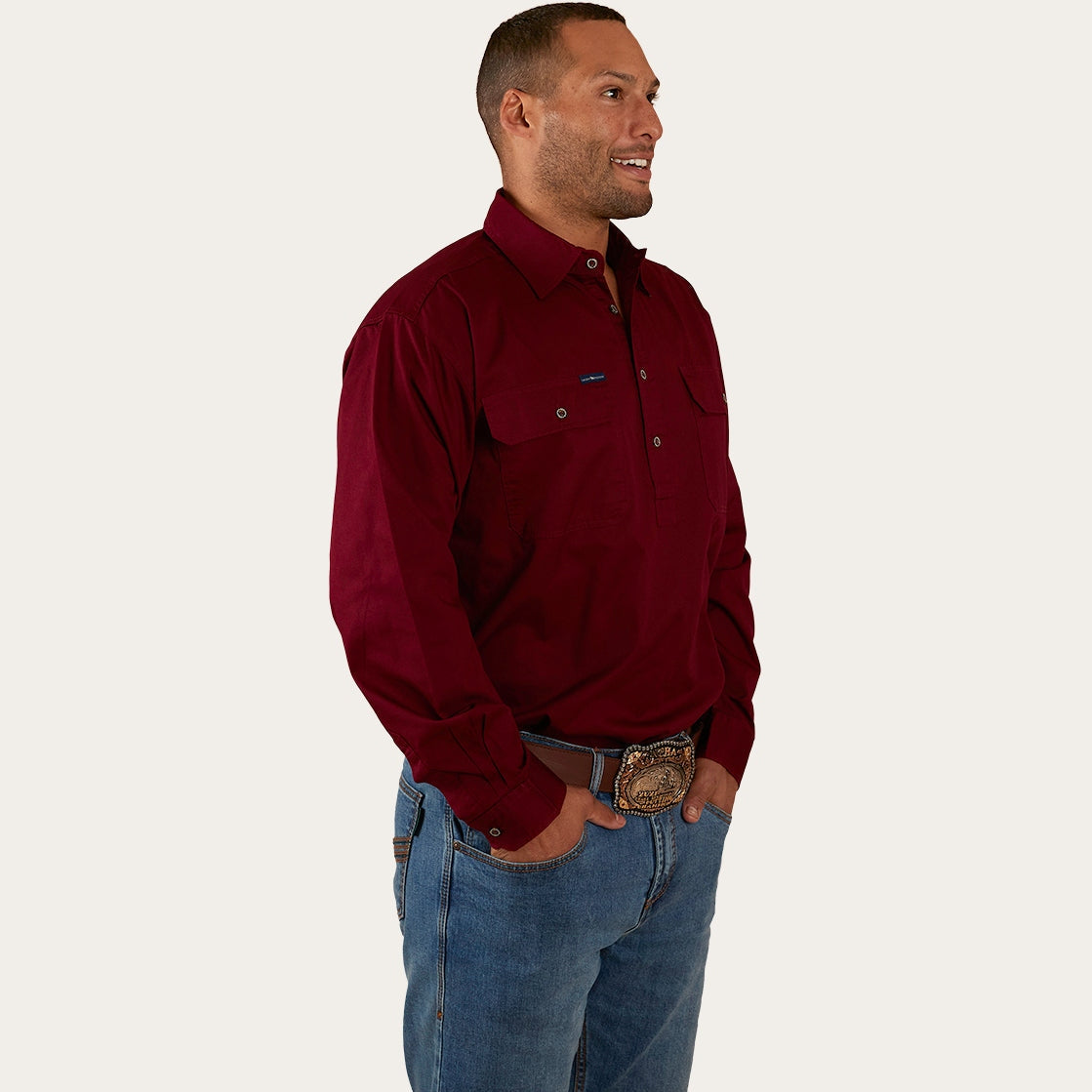 Ringers Western King River Mens Half Button Work Shirt Burgundy - 171110002 | Blue Heeler Boots