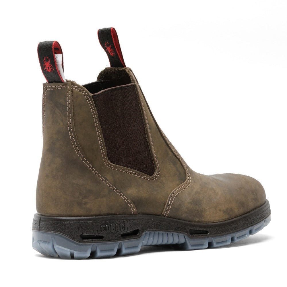 Redback Bobcat UBIB Iron Bark elastic sided soft toe boot - three-quarter rear angle