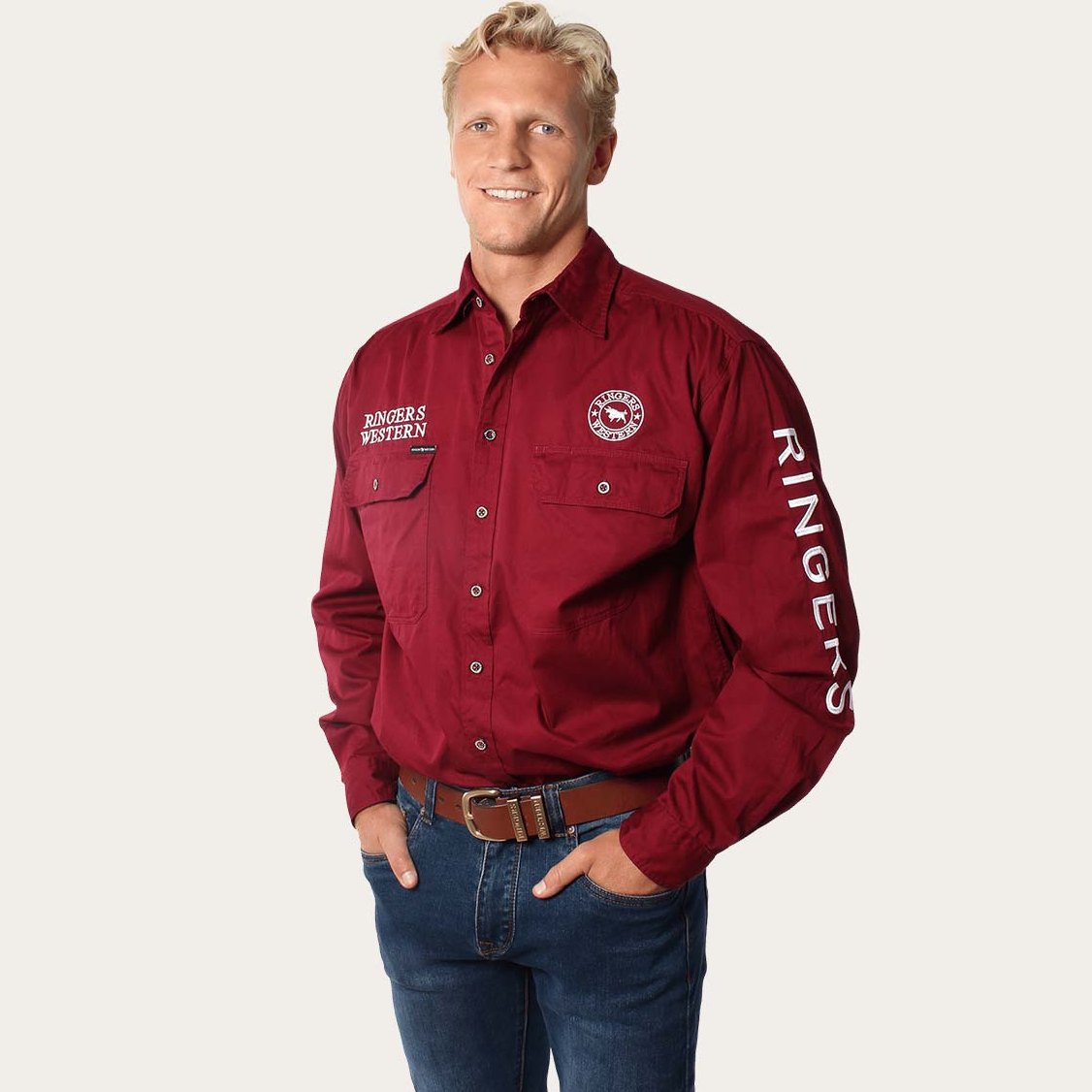 Ringers & Western Hawkeye Mens Full Button Work Shirt Burgundy - 118110002 | Blue Heeler Boots