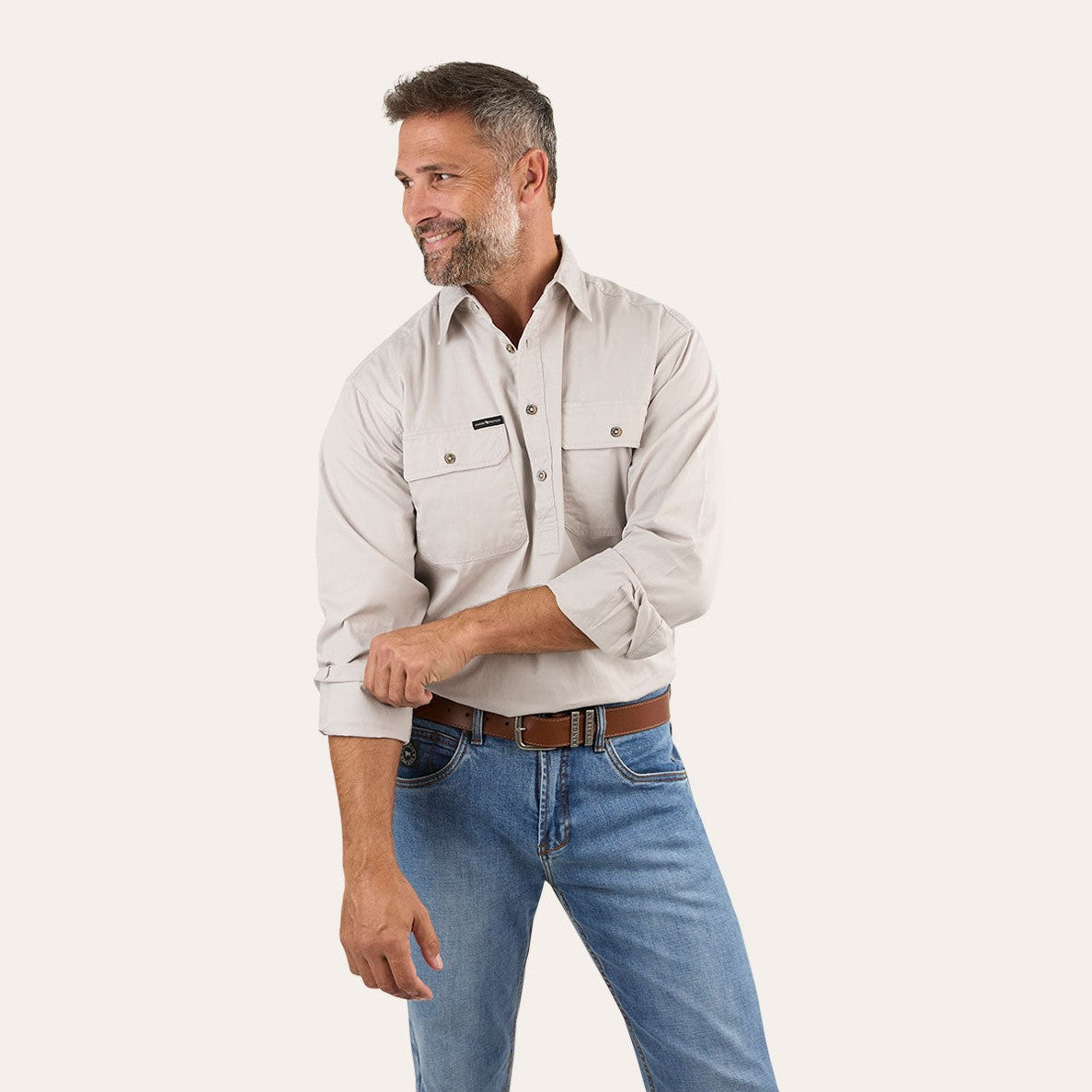 Ringers Western King River Mens Half Button Work Shirt Beige - 171110002 | Blue Heeler Boots