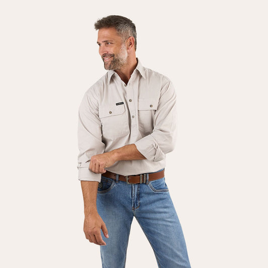 Ringers Western King River Mens Half Button Work Shirt Beige - 171110002 | Blue Heeler Boots