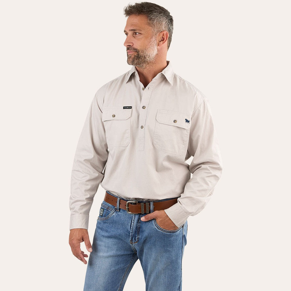 Ringers Western King River Mens Half Button Work Shirt Beige - 171110002 | Blue Heeler Boots
