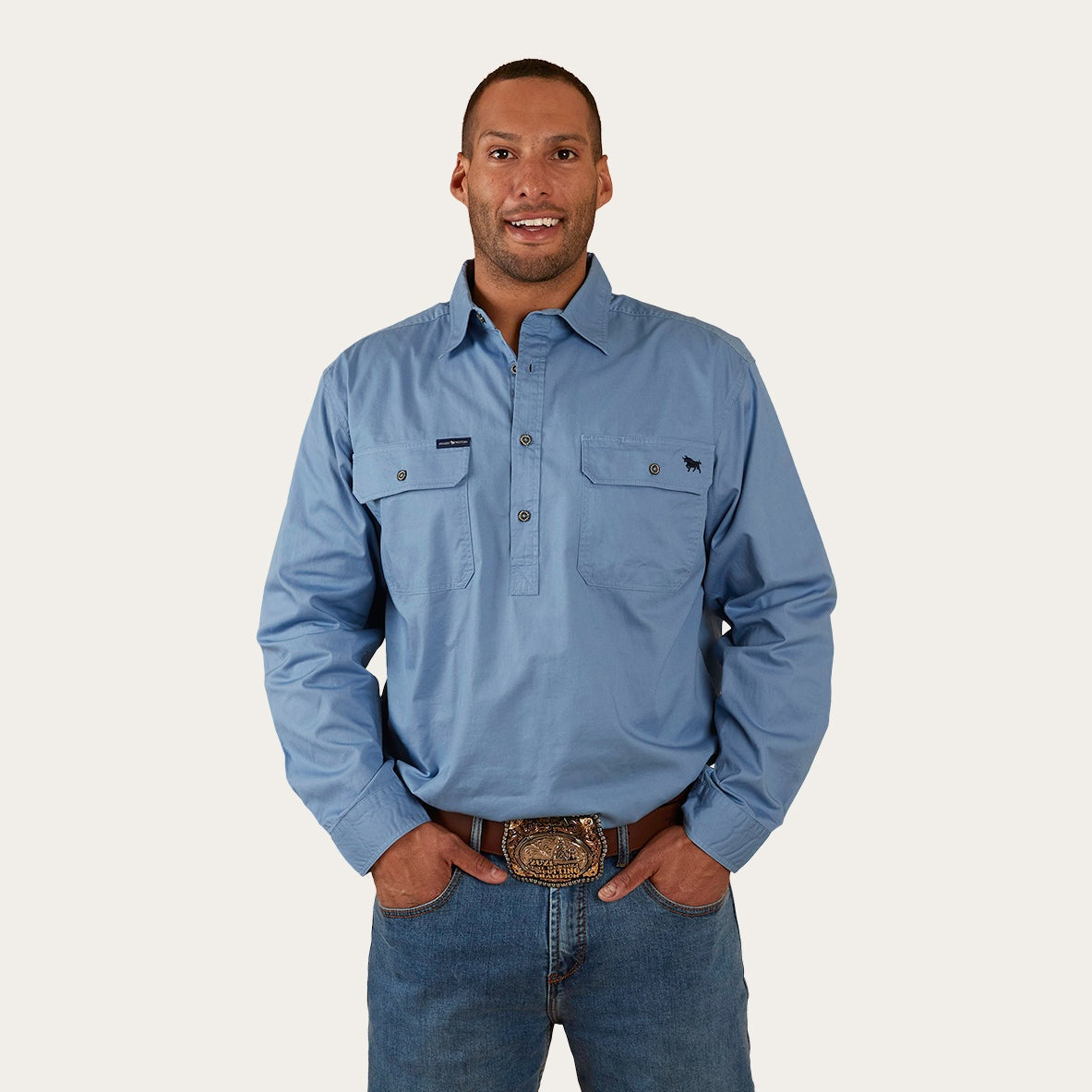 Ringers Western King River Mens Half Button Work Shirt Denim Blue - 171110002 | Blue Heeler Boots
